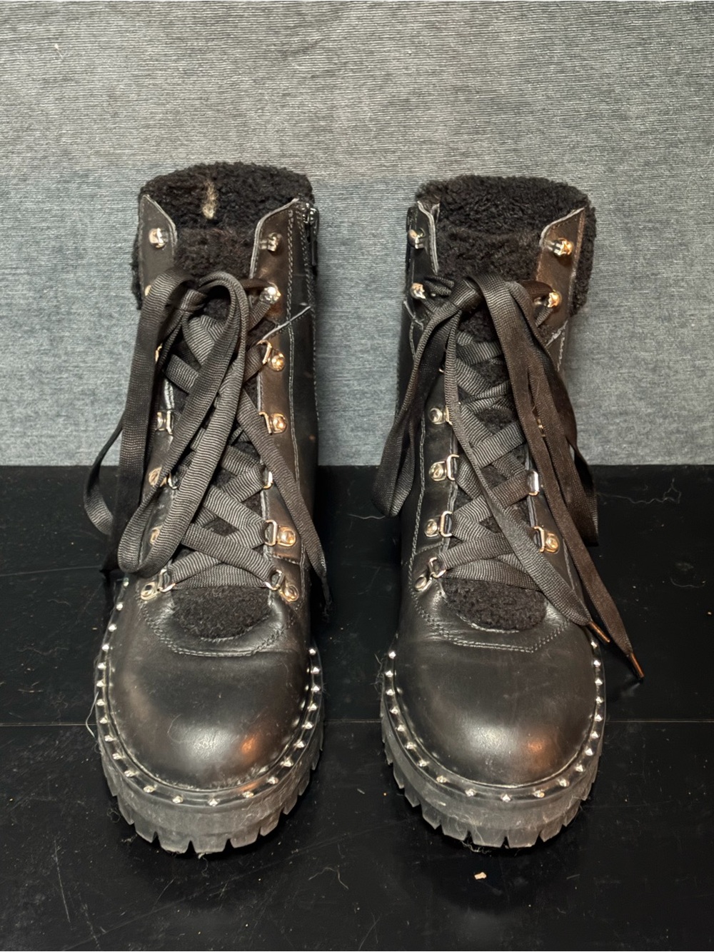 Steve Madden Black Studded Lace-Up Ankle Booties with Faux Shearling Collar